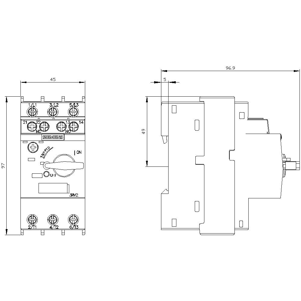 'Elektronisches Gerät mit Drehschalter und Anschlussklemmen, technische Zeichnung mit Abmessungen: Breite 45mm, Tiefe 49mm, Höhe 96.9mm.'<br><br>