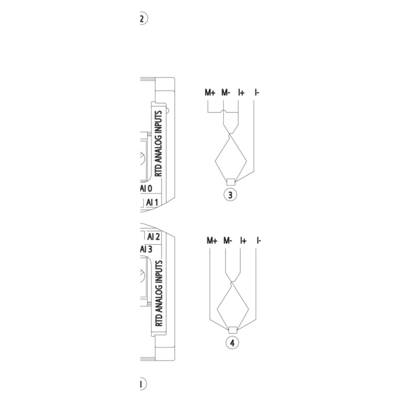 Diagramm zeigt zwei abwechselnde Eingänge mit AI 0/1 und AI 2/3 und entsprechende Flusswege gekennzeichnet mit M+, M-, I+, I- in den Schritten 2-4.