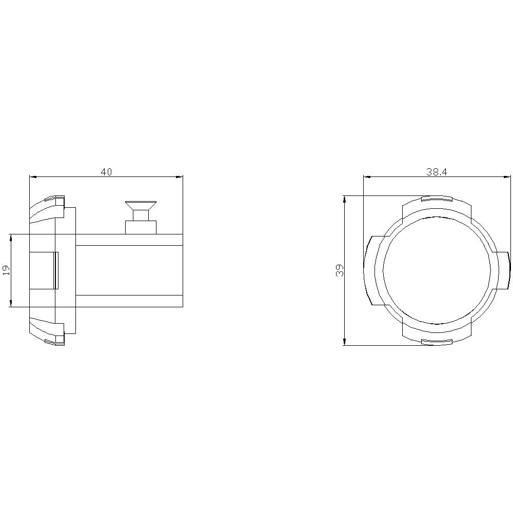 Technische Zeichnung eines Zylinders mit seitlichen Anschlüssen und Maßen: 40 mm Länge, 19 mm Höhe, 38,4 mm Durchmesser.