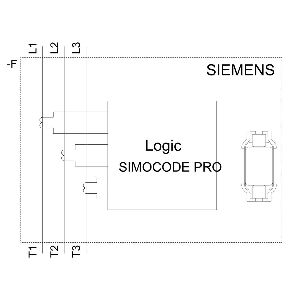 'Schaltplan' zeigt Verbindungsleitungen zu einem Siemens SIMOCODE PRO-Logikmodul. Leitungen L1, L2, L3 führen zum Modul von links.
