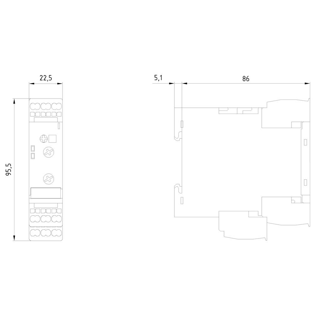 Technische Zeichnung eines rechteckigen Geräts mit Abmessungen: Breite 22,5 mm, Höhe 95,5 mm, Tiefe 86 mm und 5,1 mm Detail.