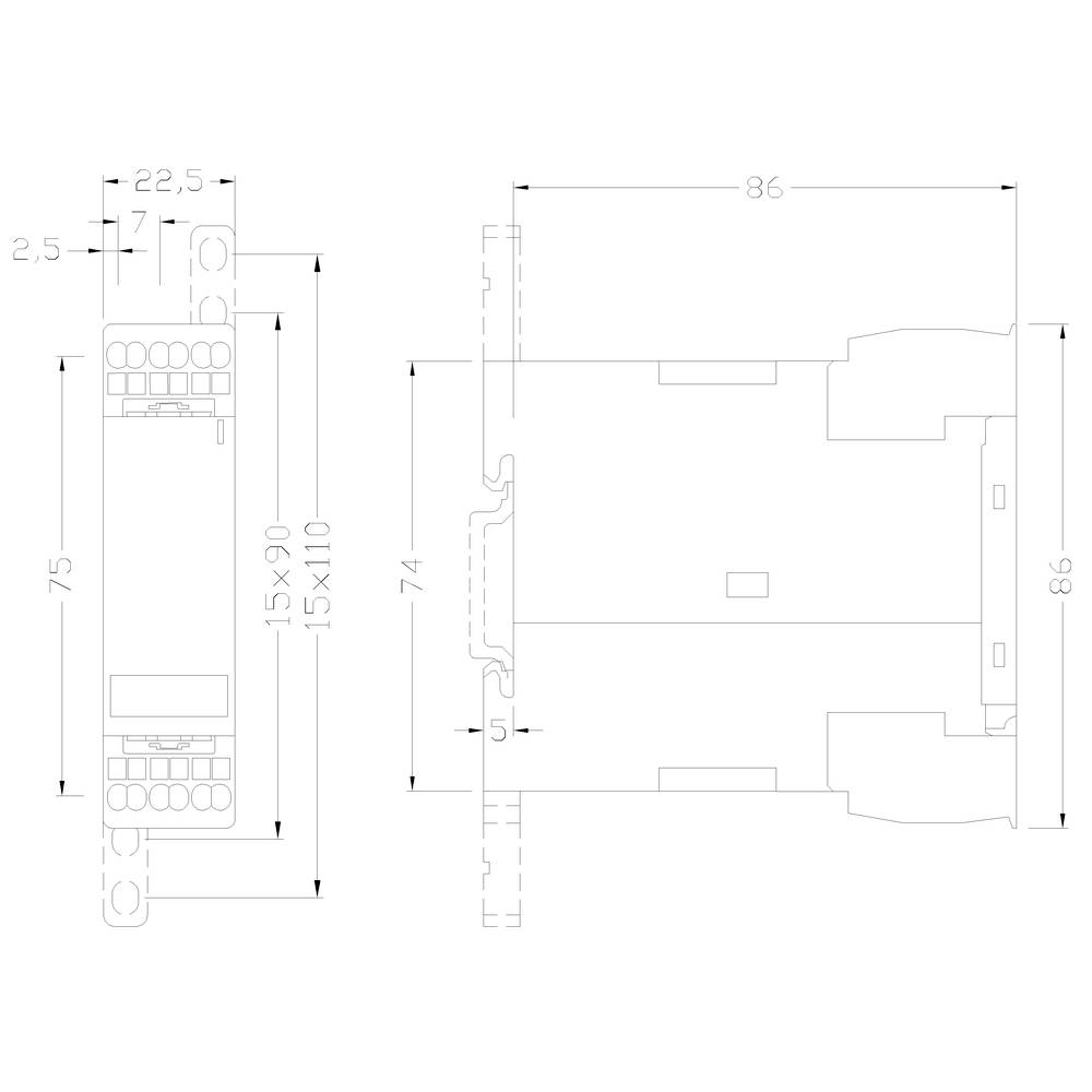 Technische Zeichnung eines elektronischen Geräts: Abmessungen 75x86 mm, detaillierte Ansicht von Vorder- und Seitenansicht mit Maßen.