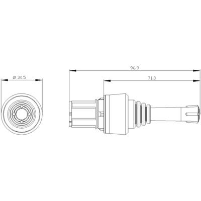 Technische Zeichnung eines Bauteils: Querschnitt und Seitenansicht mit Abmessungen 96,9 und 71,3 mm Länge, Durchmesser 30,5 mm.