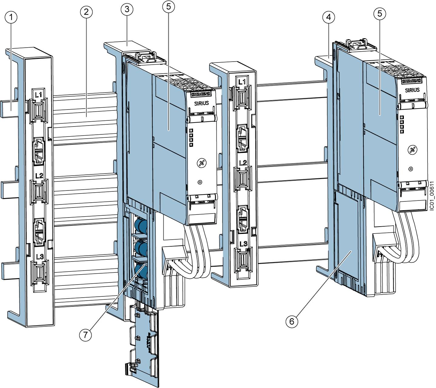 Abbildung zeigt den Aufbau eines elektrischen Schaltsystems mit Nummern für Bauteile: 1. Basis, 2. Modul, 3. Moduleinheit, 4. Anschluss, 5. Box, 6. Kabel, 7. Öffnung.