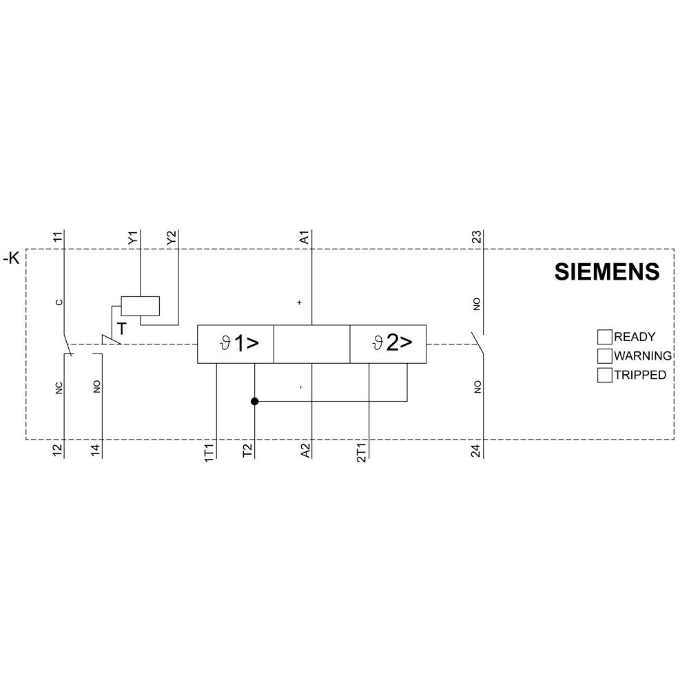Schaltplan zeigt ein Siemens-Relais mit Anschlüssen T1, T2, und verschiedenen Steuerverbindungen. Zustände: 'READY', 'WARNING', 'TRIPPED'.