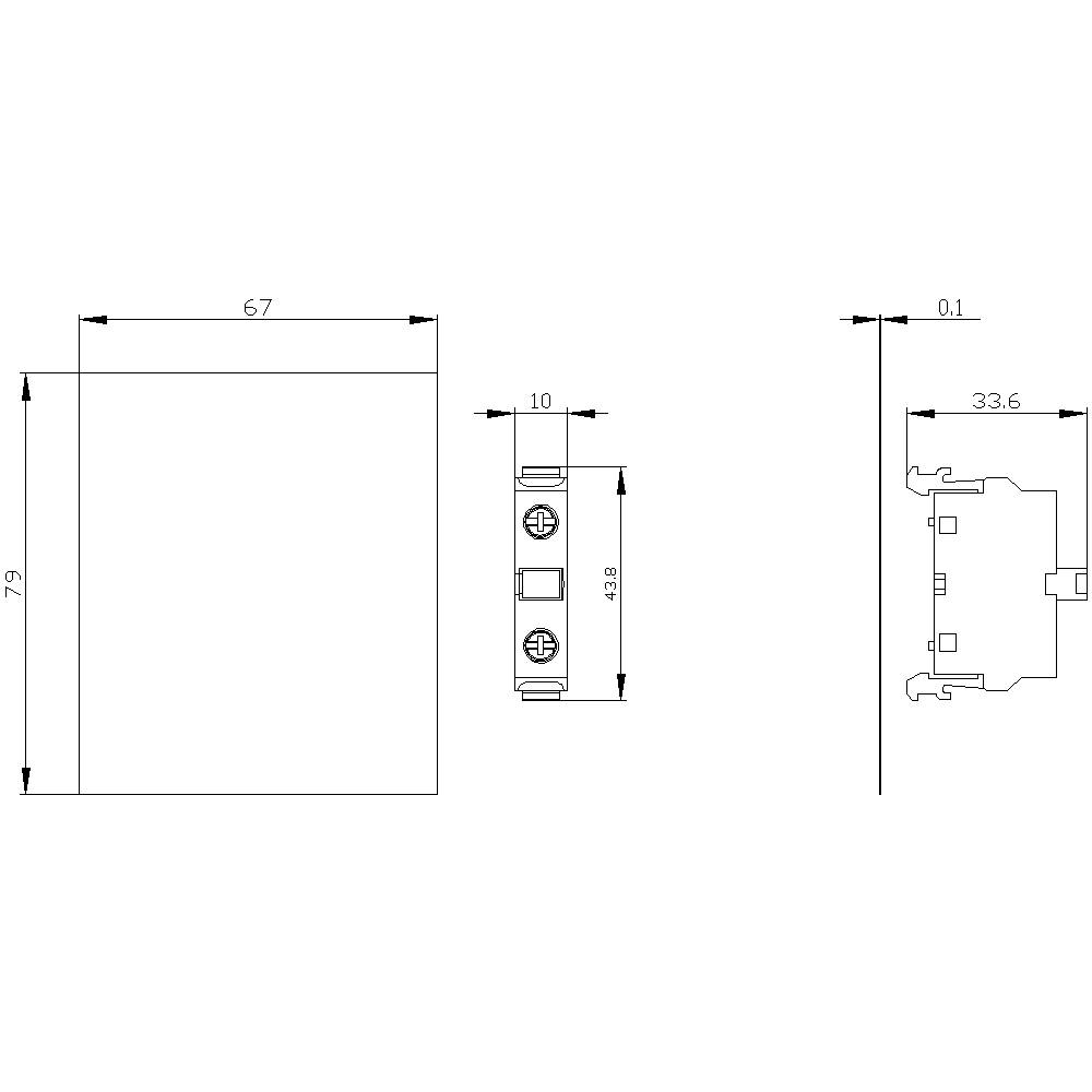 Technische Zeichnung eines rechteckigen Bauteils mit Maßen: 67 x 79 mm, Seitenansicht: 10 x 43,6 mm, Stirnansicht: 33,6 mm.