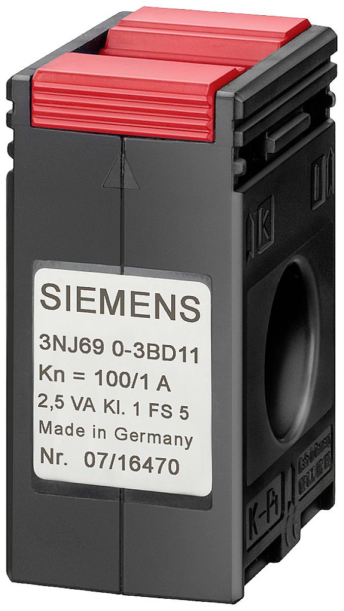 Stromwandler von Siemens, Modell 3NJ69 0-3BD11, mit den Spezifikationen: Kn = 100/1 A, 2,5 VA, Klasse 1, Made in Germany.