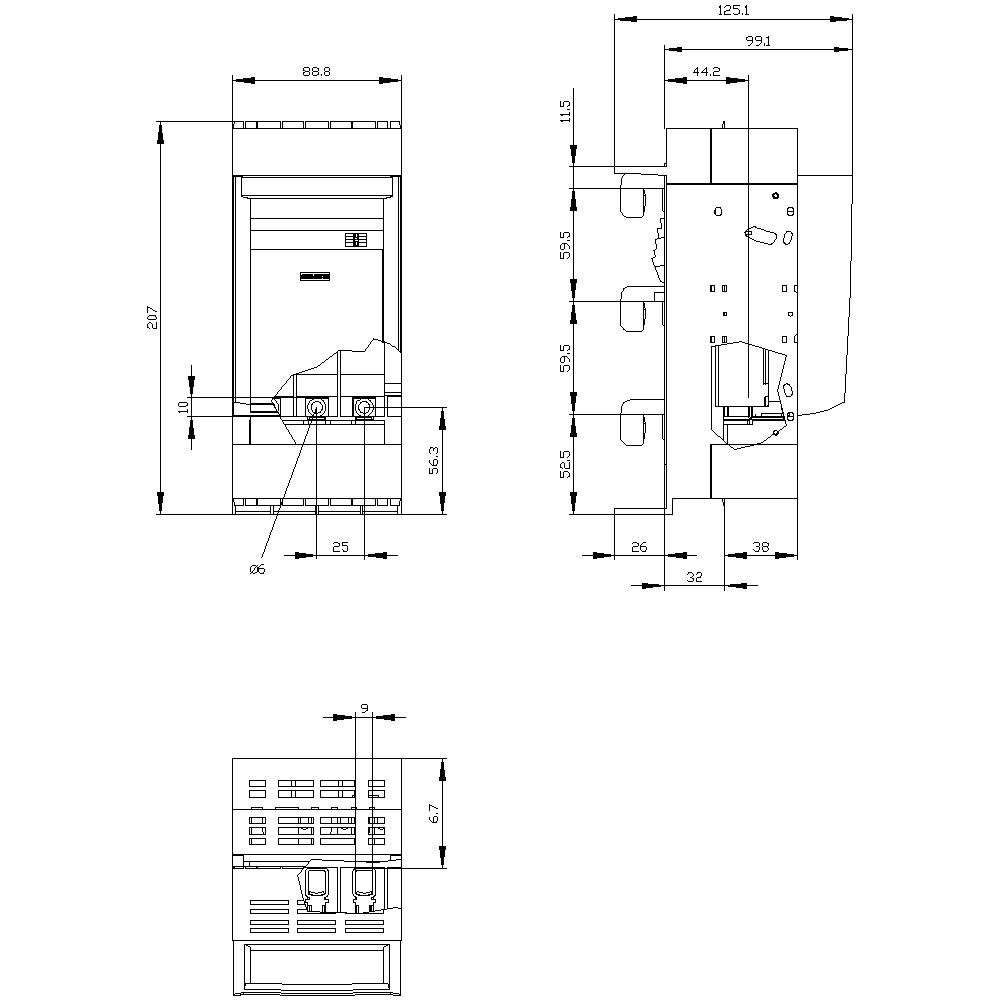 Technische Zeichnung einer Maschine mit detaillierten Maßen in Millimetern. Vorder-, Seiten- und Draufsicht sind dargestellt.