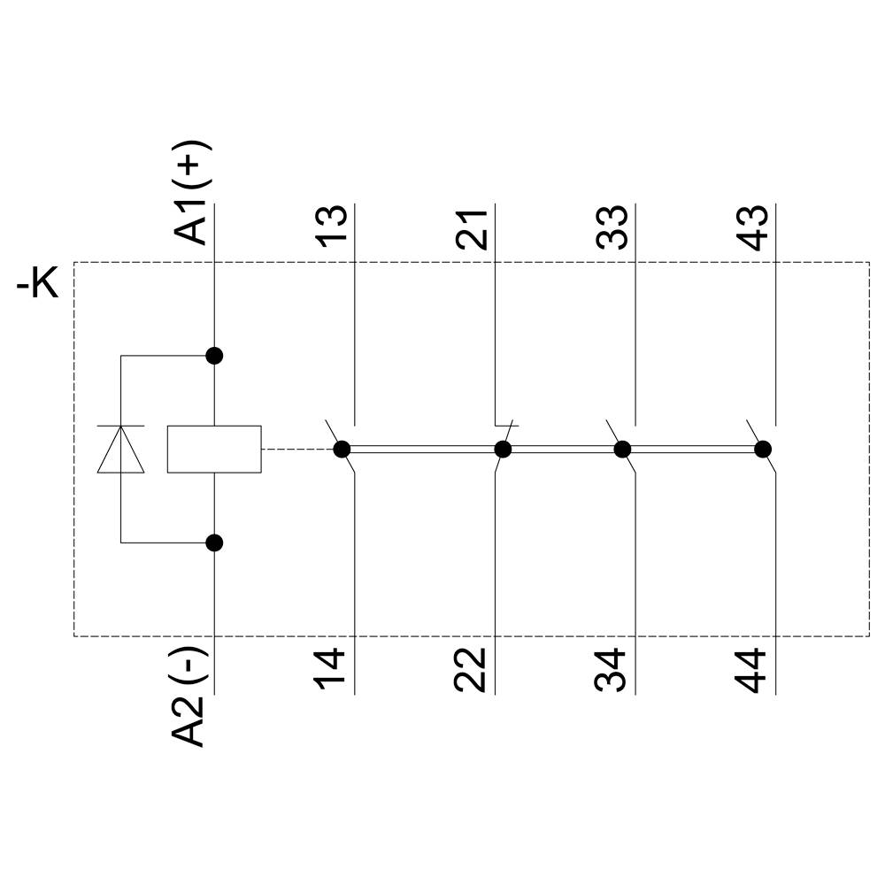 'Relais Schaltplan: Diagramm zeigt vier Schaltkontakte, die mit einem Rechteckmerker und einer Diode verbunden sind. A1 und A2 sind Anschlüsse.'