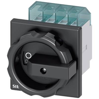 Schalter mit schwarzem Drehgriff, rechteckiger Gehäuseform und grün-transparentem Anschlussblock, geeignet für elektrische Steuerungssysteme.