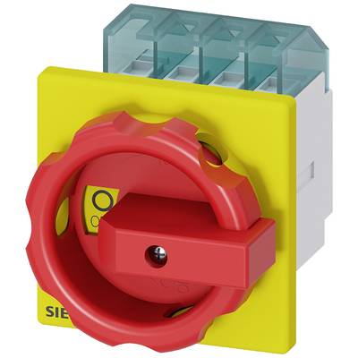 Roter Not-Aus-Schalter auf gelbem Hintergrund, vorn an einer elektrischen Schalttafel, für das sofortige Abschalten von Geräten.