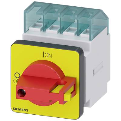 Drehschalter in Rot und Gelb, darauf der Text 'Siemens' und die Positionen 'ON' und 'OFF' in Englisch, zur Steuerung elektrischer Systeme.