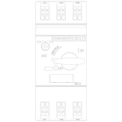 'Siemens SIRIUS 3RV2' Schutzschalter mit Steuerhebel für 'ON', 'OFF' und 'TRIPPED', zeigt elektrische Anschlüsse oben und unten.
