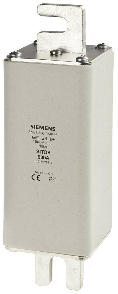 Hellgraue elektrische Sicherung 'Siemens 3NE3 336-0NK06', 630A, mit Metallanschlüssen und Aufhängung; für Schutz von elektrischen Stromkreisen.