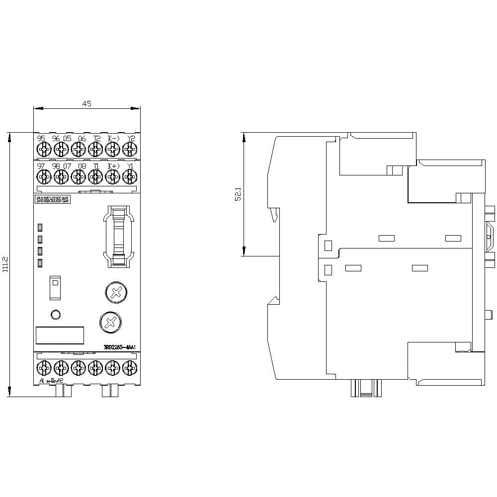 Technische Zeichnung eines elektronischen Geräts mit Abmessungen von 45x111,2 mm. Zeigt Vorder- und Seitenansicht mit Anschlussklemmen.