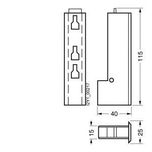 Technische Zeichnung eines L-förmigen Bauteils mit drei symmetrischen Aussparungen. Maße: 115 mm Höhe, 40 mm Breite, 25 mm Tiefe.