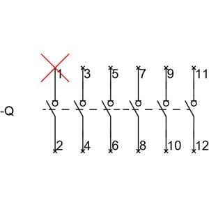 Planskizze eines elektrischen Schaltplans: Eine rote Linie und ein 'X' über einer Drahtverbindung zwischen Punkt 1 und 2 markiert.