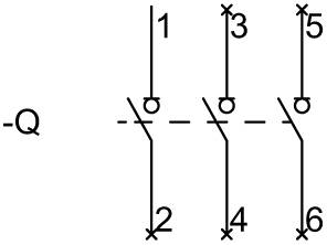 Schaltsymbol-Diagramm mit fünf vertikalen Linien mit Schaltern, nummeriert 1 bis 6, von links nach rechts.