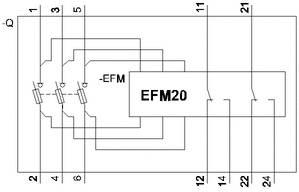 Schaltplan eines EFM20-Geräts mit Anschlusskontakten, Widerständen und einem Modulkennzeichnung. 