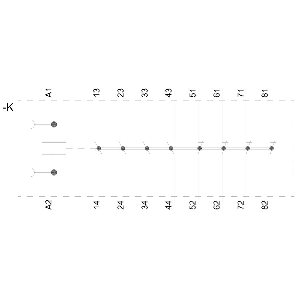 Schaltplan zeigt Relais mit zwei Anschlüssen A1, A2 und Kontakten 13-14, 23-24, 33-34, 43-44, 51-52, 61-62, 71-72, 81-82.