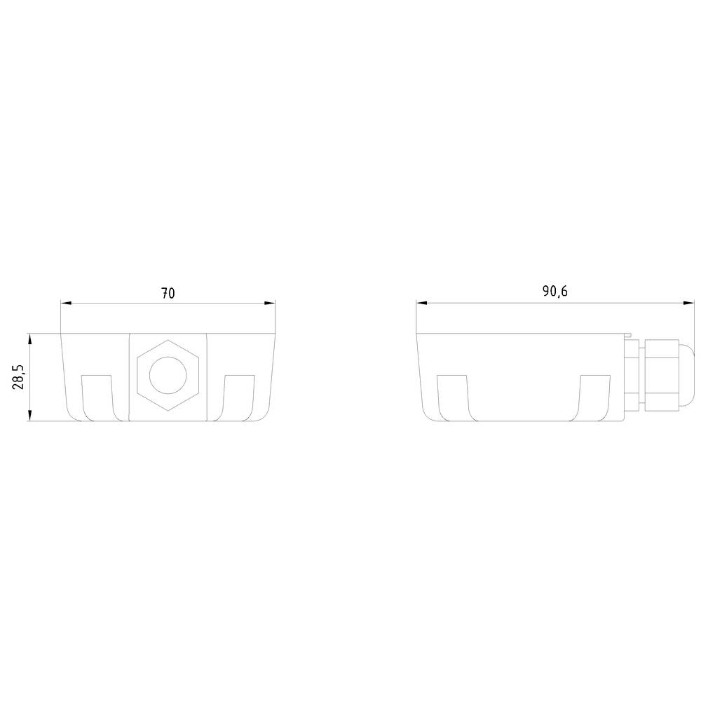 Maßzeichnung eines rechteckigen Objekts mit zwei Ansichten. Oben: Breite 70 mm. Seite: Höhe 28,5 mm, Länge 90,6 mm.