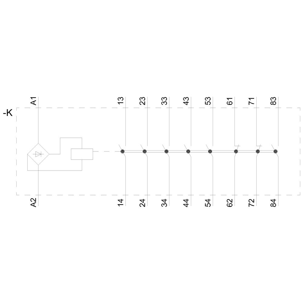 Schaltplan mit neun aufgereihten Punkten, nummeriert von 14 bis 84, und zwei Steckverbindungen A1 und A2 links, verbunden mit einem Symbol.