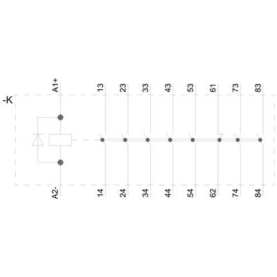 Schaltsymbol eines Relais mit einer Spule und mehreren Schaltkontakten in Reihe. Kontakte sind nummeriert von 13 bis 84.