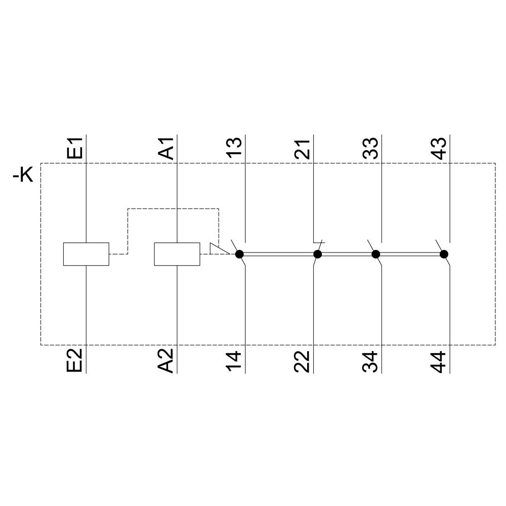Schaltsymbol für eine Steuerungseinheit. Links ein Relais (-K) mit Anschluss E1 und E2. Rechts vier vertikale Ausgänge (13, 21, 33, 43) verbunden mit Punkten.