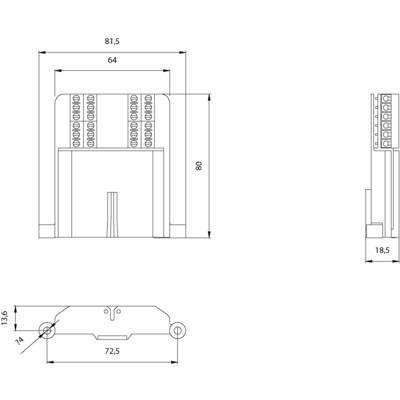 Technische Zeichnung eines rechteckigen elektrischen Bauteils mit Maßen: 81,5 x 80 mm, Breite 64 mm, Tiefe 18,5 mm. Zeigt Front- und Seitenansicht.