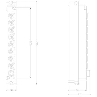Technische Zeichnung eines rechteckigen Geräts mit mehreren Anschlüssen. Maße: 164 mm Länge, 45 mm Breite, 36 mm Höhe.