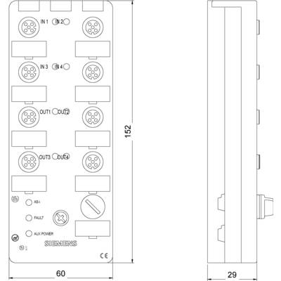 Technische Zeichnung eines Siemens Gerätes mit mehreren Ein- und Ausgängen, vertikal angeordnet, Maße: 60x152 mm, Seitenansicht 29 mm.