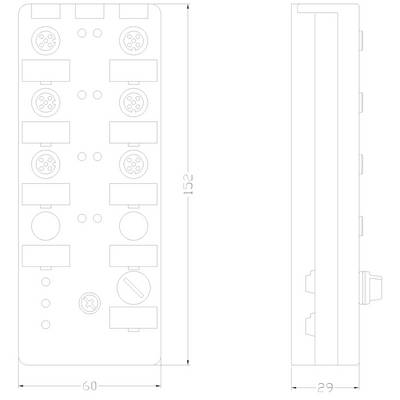 Technische Zeichnung eines rechteckigen Geräts mit Maßen: 60 mm Breite, 152 mm Länge. Seitliche Ansicht zeigt eine Dicke von 29 mm.