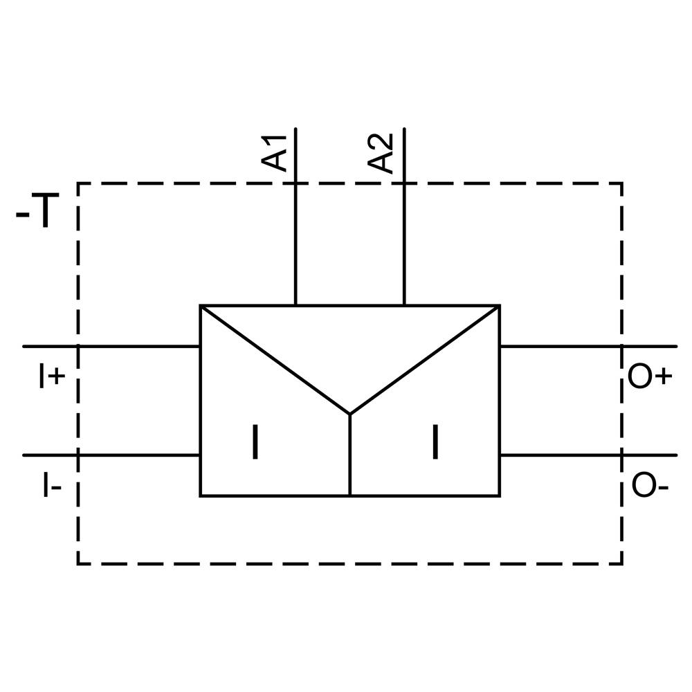 Schaltsymbol einer elektronischen Komponente mit Eingängen I+, I- und Ausgängen O+, O-. Oberseite: Anschlüsse A1 und A2.