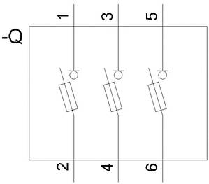 'Q' mit sechs Schaltpunkten: 1, 3, 5 oben; 2, 4, 6 unten. Zeigt die elektrische Schaltung oder Komponentenanordnung.