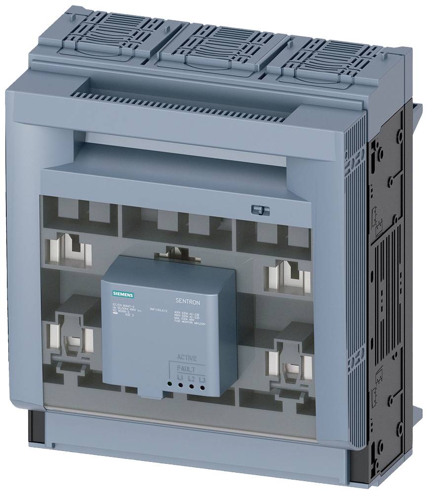 Ein grauer elektrischer Leistungsschalter mit Siemens-Logo und mehreren Anschlüssen, erkennbar an den typischen Konstruktionselementen.