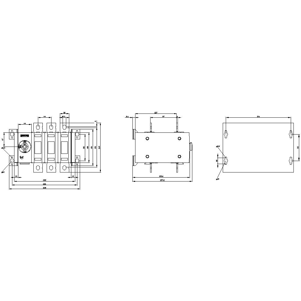 Technische Zeichnung eines mechanischen Bauteils mit Vorder-, Seiten- und Draufsicht, detailliert mit Maßen und Skalen.