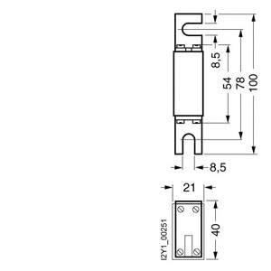 Technische Zeichnung eines elektrischen Bauteils mit Maßen: Länge 100 mm, Breite 21 mm, Höhe 8,5 mm, zeigt Seitenschnitt und Vorderansicht.