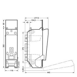 Technische Zeichnung eines Geräts mit Abmessungen: Höhe 500 mm, Breite 116 mm, Tiefe 440 mm. Mehrere Ansichten und Details dargestellt.