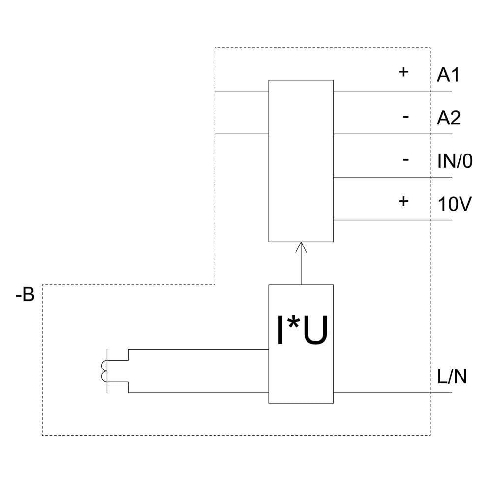 'Schaltplan der Strom- und Spannungsmessung. A1, A2: Anschlüsse, IN/0: Eingang, 10V: Spannungsausgang. I*U: Messmodul, L/N: Stromleitung.'