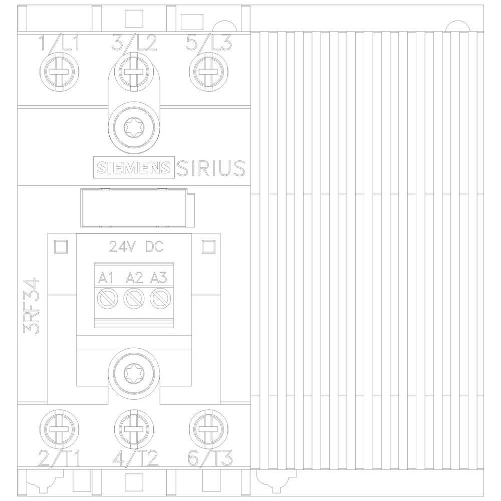 'Siemens SIRIUS 3RF34': Abbildung eines Schaltgeräts mit Anschlüssen für 24V DC, markiert mit A1, A2, A3; technische Zeichnung.