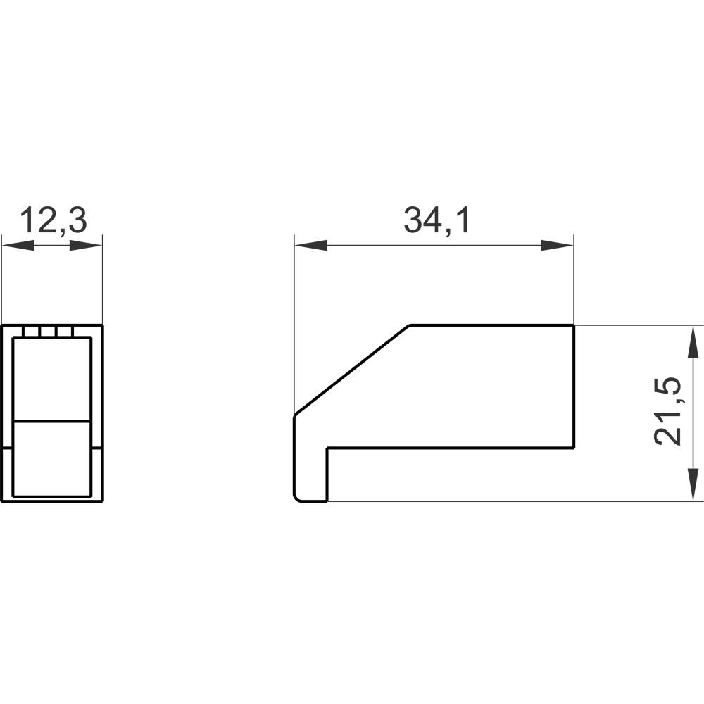 Technische Zeichnung eines Profils mit Maßen: Breite 12,3 mm, Länge 34,1 mm, Höhe 21,5 mm. Profil hat abgerundete Kanten.