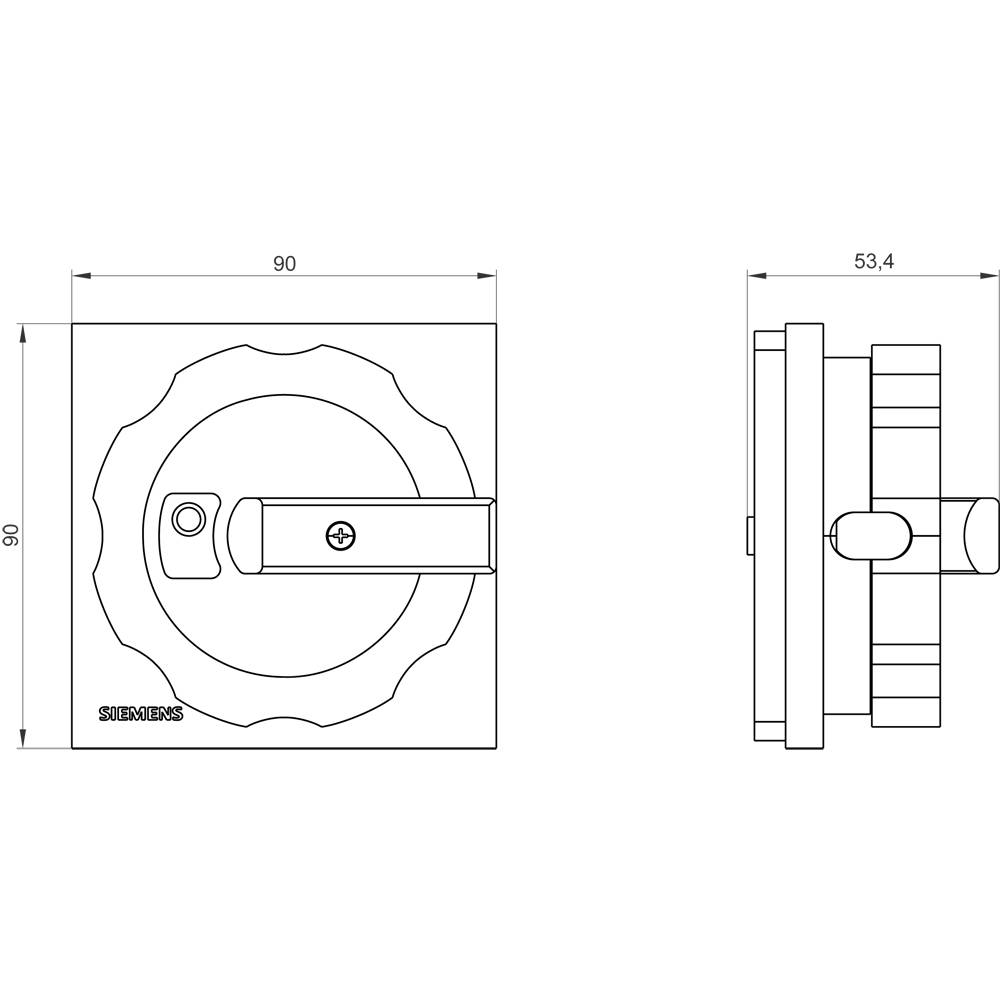 Technische Zeichnung eines quadratischen Drehgriffs mit Maßen. Links: Vorderansicht, rechts: Seitenansicht. Maße: 90x90 mm Frontalbreite, 53,4 mm Seitenbreite. Marke: Siemens.