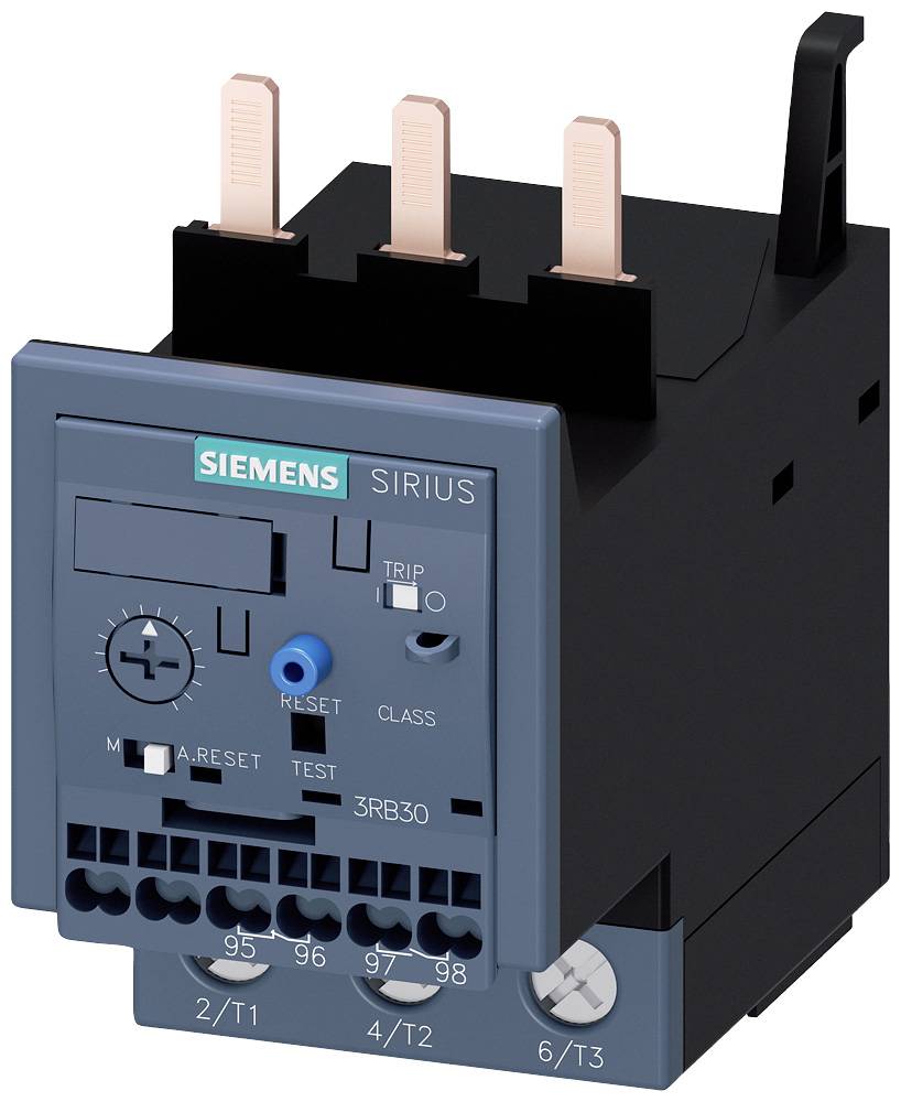Ein elektrisches SIRIUS-Schaltgerät von Siemens für den Schutz von Motoren. Es zeigt Anschlüsse, einen Reset-Knopf und das Logo.