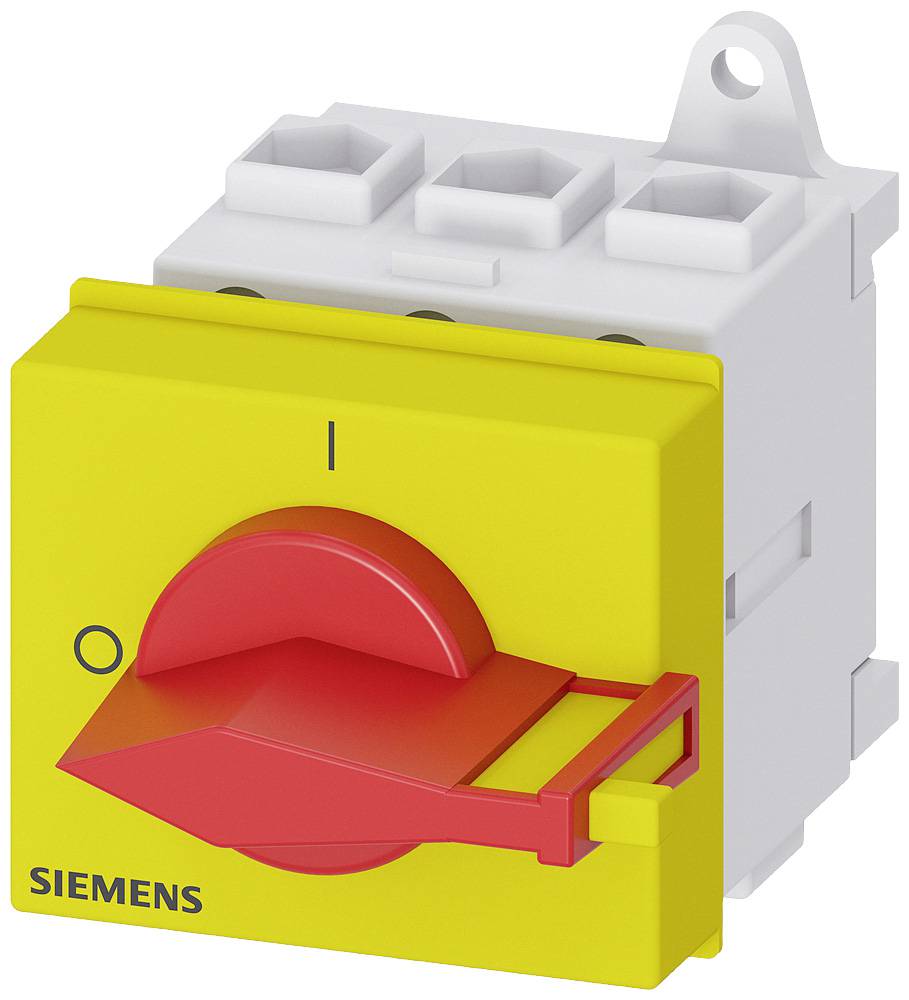 Ein gelber Siemens-Hauptschalter mit rotem Drehgriff, geeignet für industrielle elektrische Anwendungen, zeigt EIN und AUS Positionen.