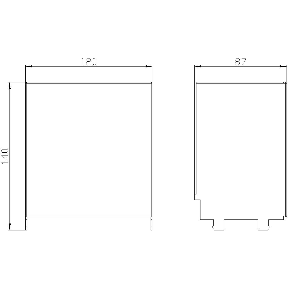 Technische Zeichnung eines rechteckigen Objekts mit Maßen: Breite 120 mm, Höhe 140 mm; Seitenansicht zeigt Breite 87 mm.
