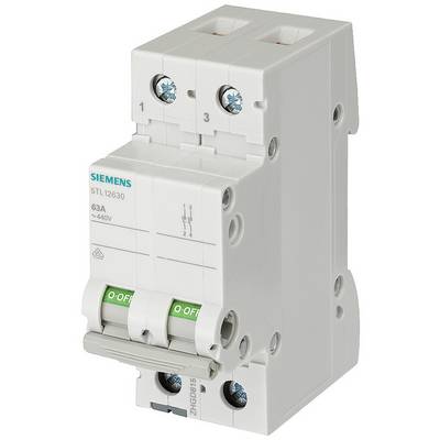 Zweipoliger Leistungsschalter von Siemens, Modell 5TL12630, 63A und bis zu 400V, in Weiß mit grüner ON/OFF-Markierung.