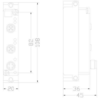 Die Zeichnung zeigt eine technische Skizze eines elektronischen Geräts mit Maßen: 82 mm Höhe, 20 mm Breite und 36/45 mm Tiefe.