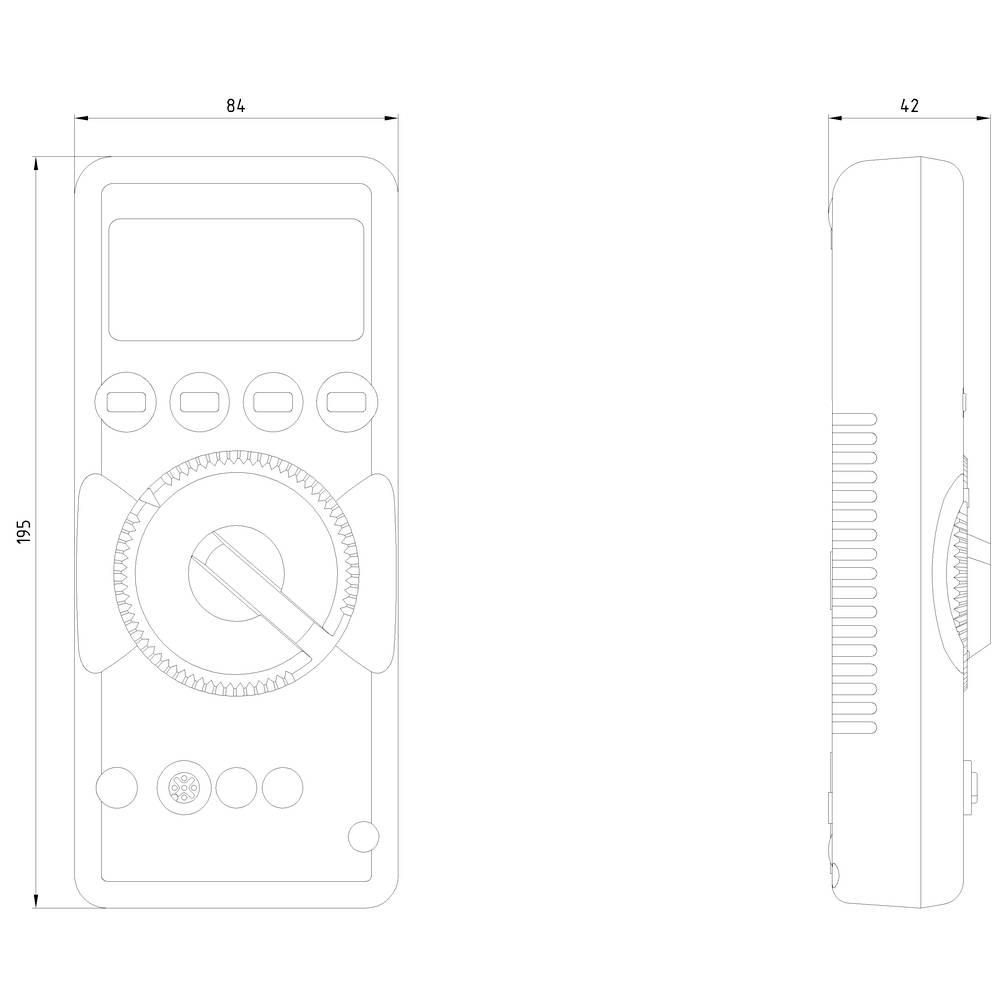 'Technische Zeichnung eines digitalen Multimeters; Vorderansicht zeigt Drehknopf und Display, Seitenansicht zeigt Abmessungen: 195 mm x 84 mm.'