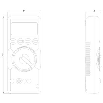 'Technische Zeichnung eines digitalen Multimeters; Vorderansicht zeigt Drehknopf und Display, Seitenansicht zeigt Abmessungen: 195 mm x 84 mm.'