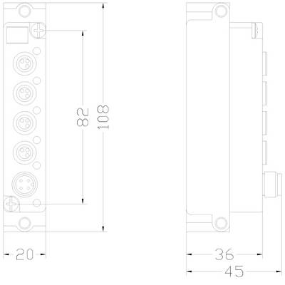 Technische Zeichnung eines rechteckigen Anschlussmoduls mit Steckerleisten. Maße: Höhe 108mm, Breite 20mm, Tiefe 45mm.